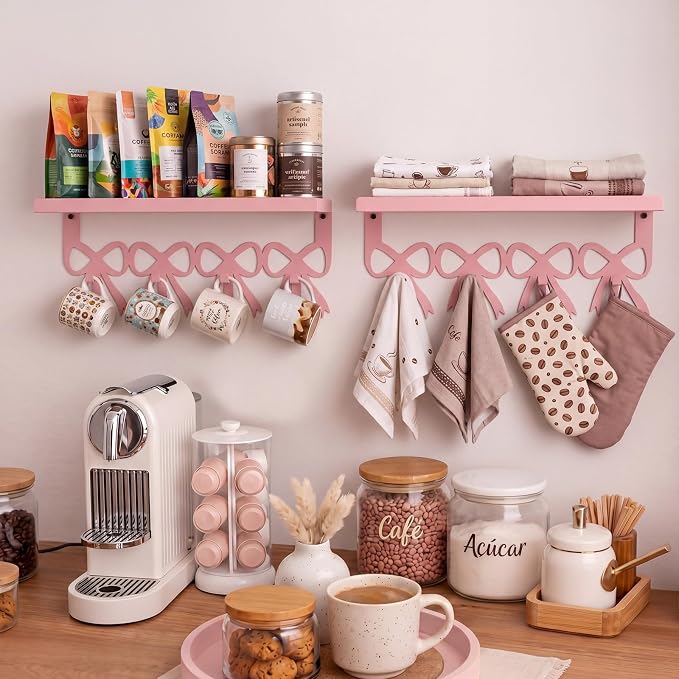 2 Pcs Pink Bow Coffee Mug Rack Pink Coffee Bar Accessories Wall Mounted - Image 4