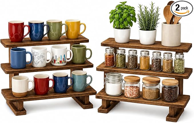 2 Pack 3 Tier Coffee Mug Display Shelf, Wooden Coffee Mug Holder Organizer by Ajerg