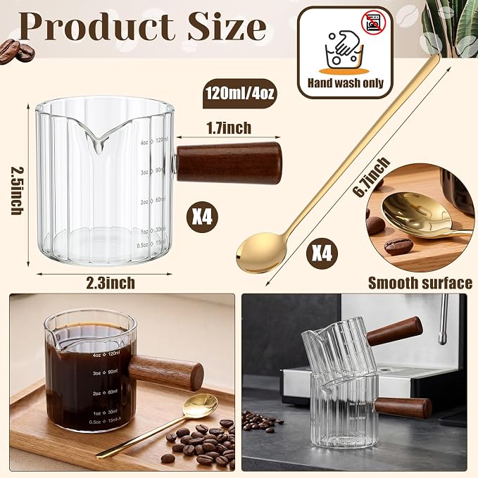 Espresso Cups Set of 4 with 4 Gold Spoons, 4 oz Espresso Shot Glasses with Wood - Image 2