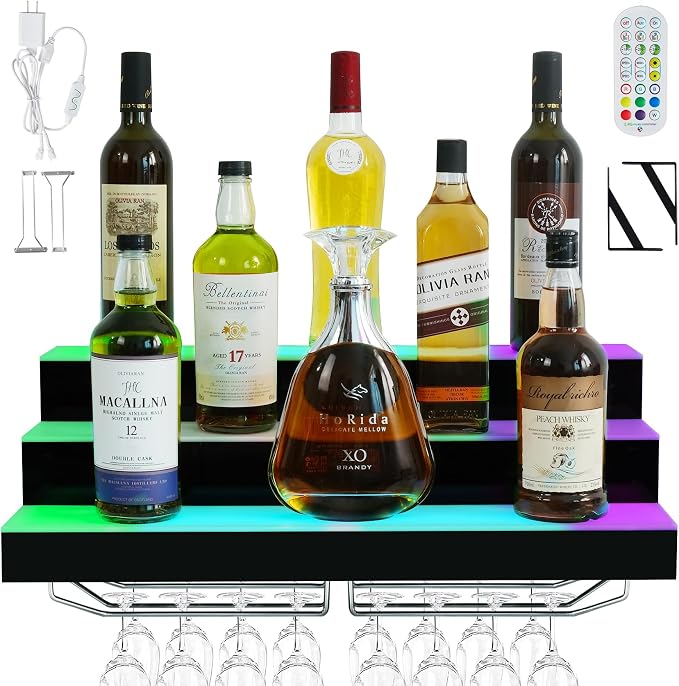 LED Lighted Liquor Bottle Display Shelf Wall Mount Wine Rack, 3 Tiers 24 Inch by ClarityCraze