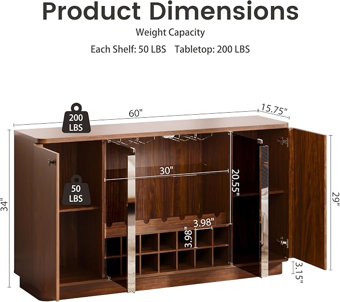 Coffee Bar Cabinet with LED Light & Glass Doors, Coffee Station Sideboard - Image 2