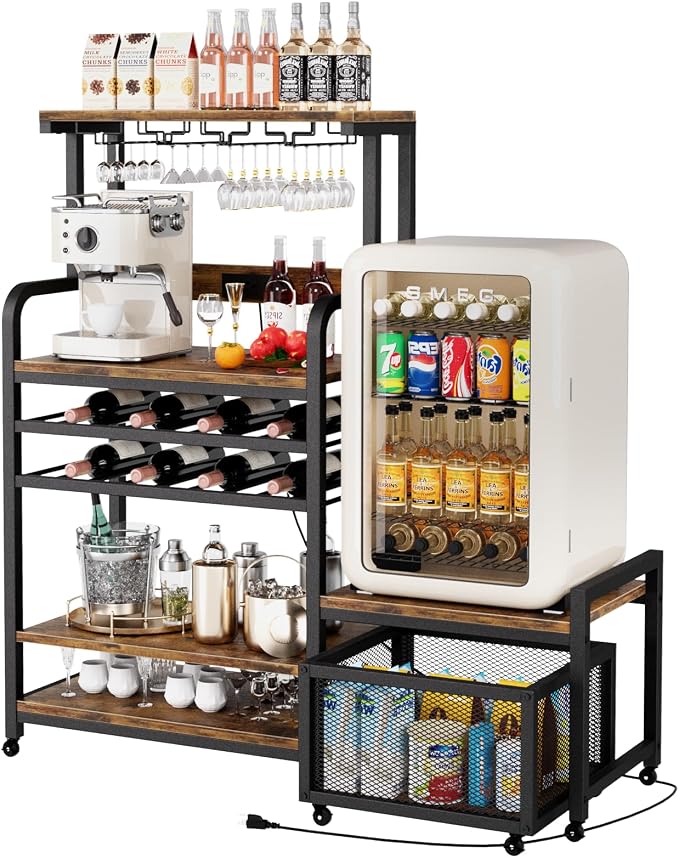 Mini Fridge Stand with Power Outlet, Microwave Stand with Wine Rack, Coffee bar - Image 9