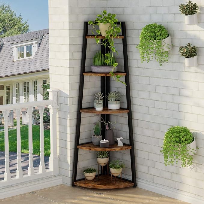 Tribesigns 70 inch Tall Corner Shelf, 5 Tier Rustic Corner Bookshelf Bookcase - Image 5
