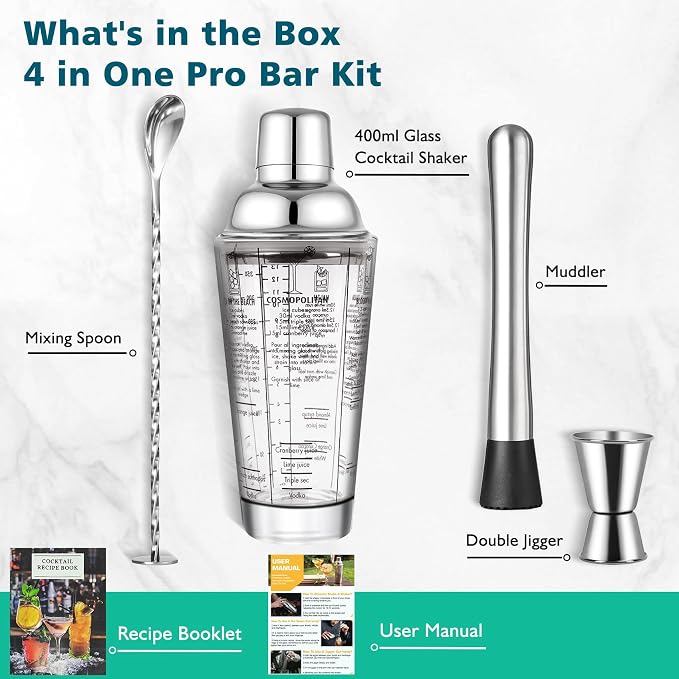 14oz Glass Cocktail Shaker Set, Martini Mixer Shaker - Image 3