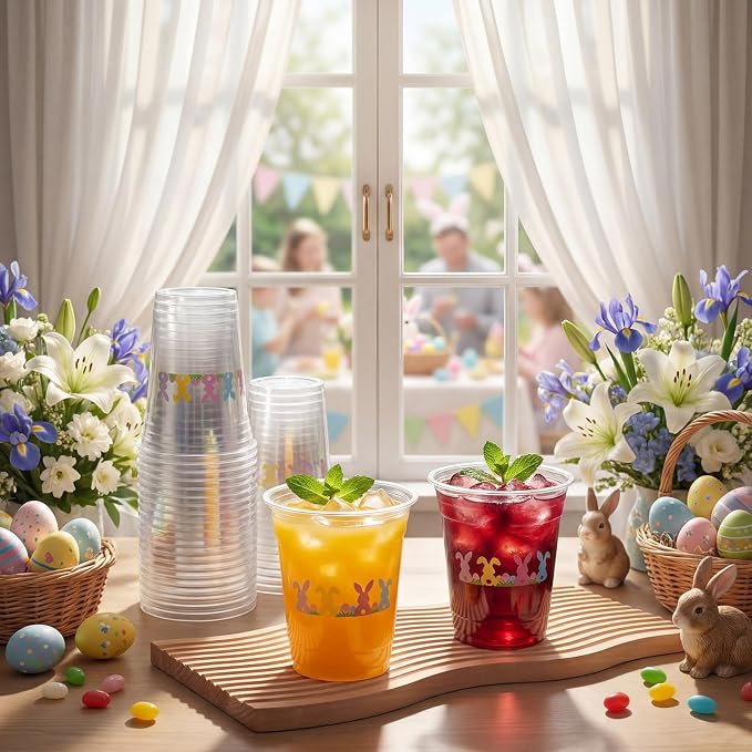 100 Pack Bunny Plastic Cups 16 oz Clear Pastel Rabbit Disposable Cups - Image 6
