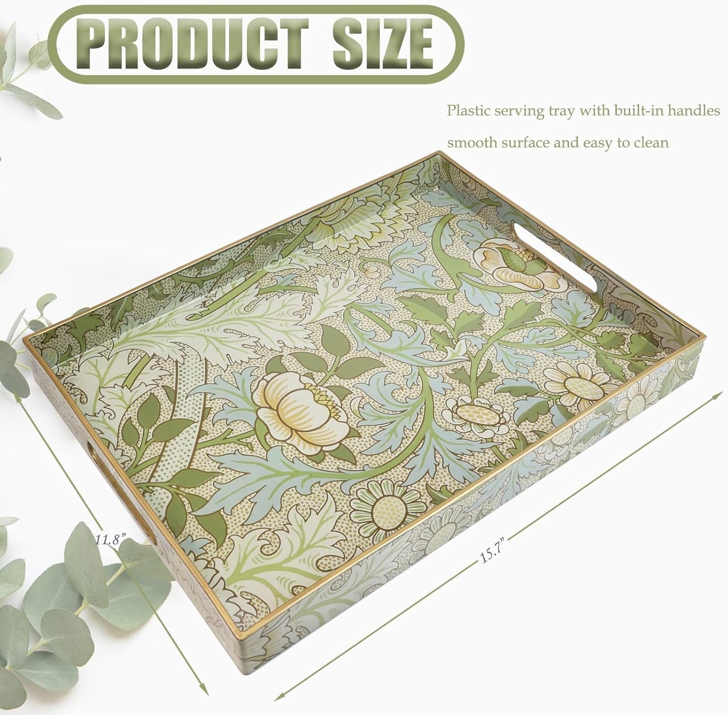 Spsyrine Serving Tray with Handles, Plastic Decorative Tray for Coffee Table, Living Room, Home Decor, Dianthus