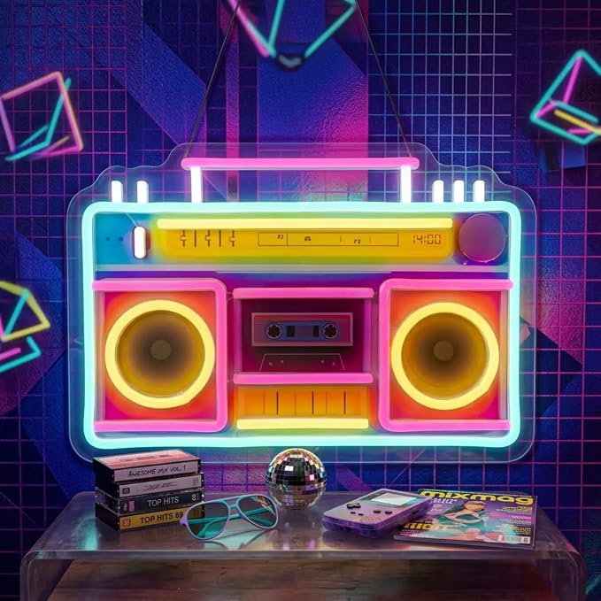 Retro Boombox Neon Sign, Colorful LED Cassette Player Wall Decor, USB Powered by neonsign