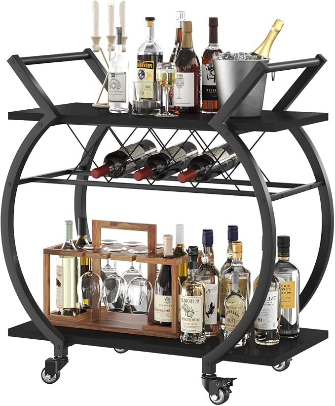 LVB Black Wine Cart with Wheels, Modern Bar Cart with Wine Rack, Industrial by LVB