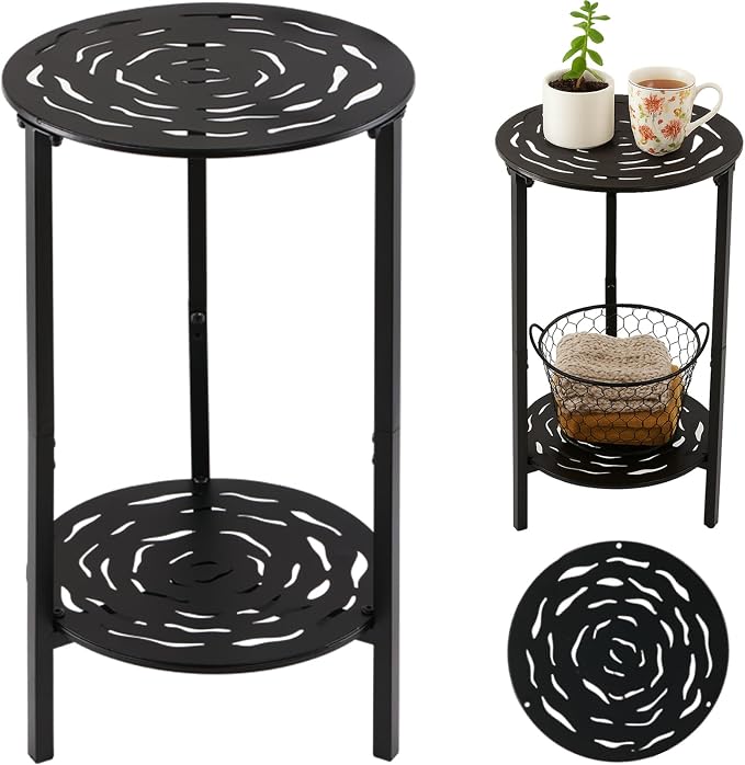 2-Tier Metal Round Side Table Black Accent Coffee Tables Small Space Corner by Unknown