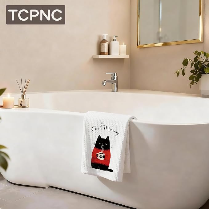 Cute Coffee Black Cat Hand Towel, Funny Black Cat Kitchen Towel - Image 3