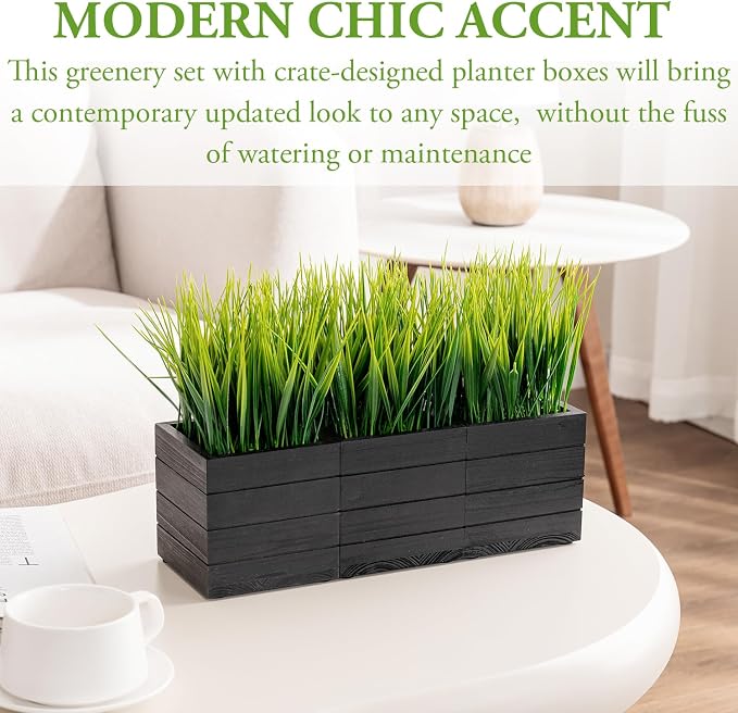 MyGift Artificial Green Grass Plants in Vintage Black Wood 4 Inch Planter Boxes - Image 3