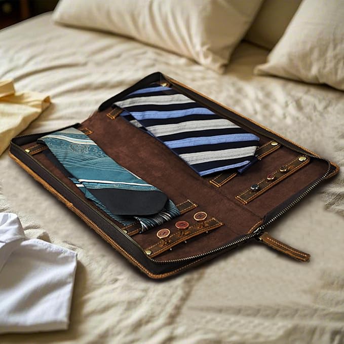 Travel Ties Case, Genuine Leather Portable Necktie Cufflinks Storage Box - Image 4