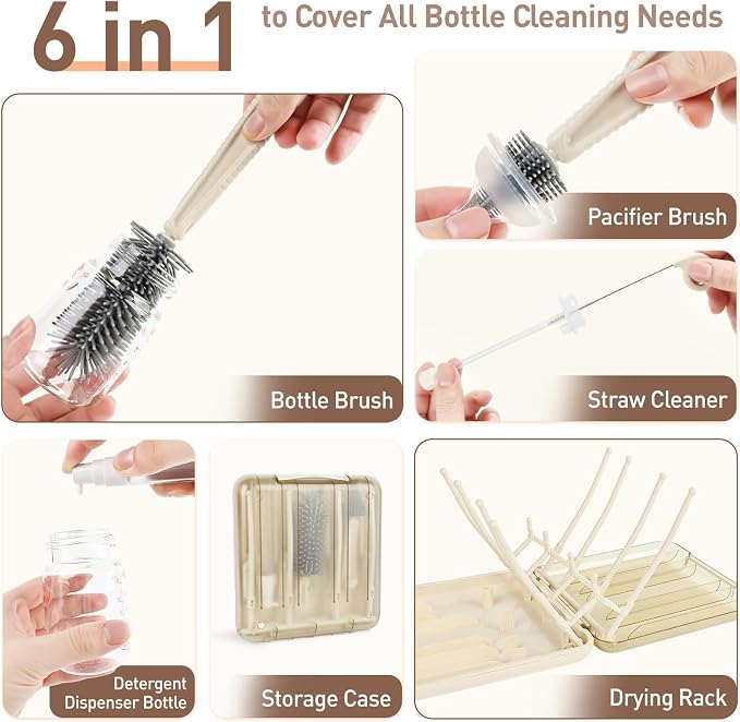 Baby Bottle Brush Set, 6-in-1 Travel Bottle Cleaner Kit - Image 4