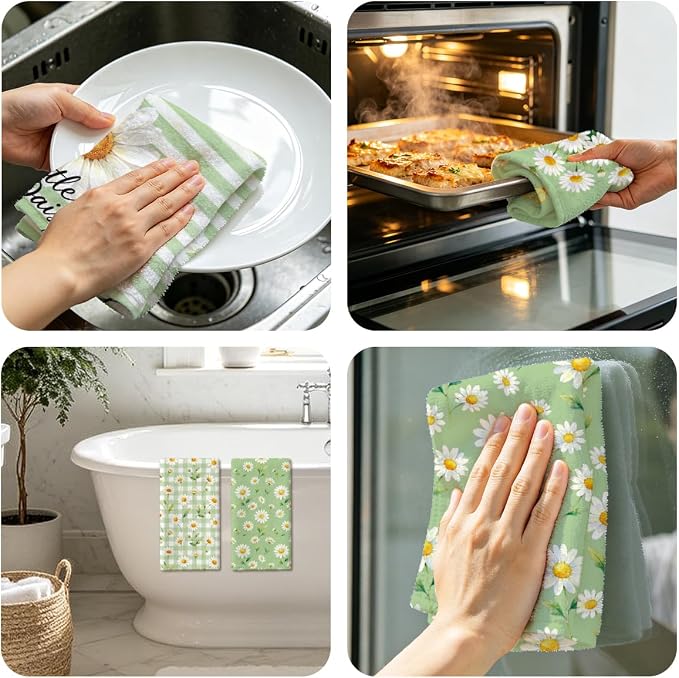 MAYJOYDIY 4 Pcs Daisy Flower Kitchen Towels 26x17.7Inch Green Gingham Check - Image 7