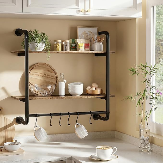 2 Tier Industrial Pipe Floating Shelf, Coffee Bar Shelves Display Bookshelf - Image 4