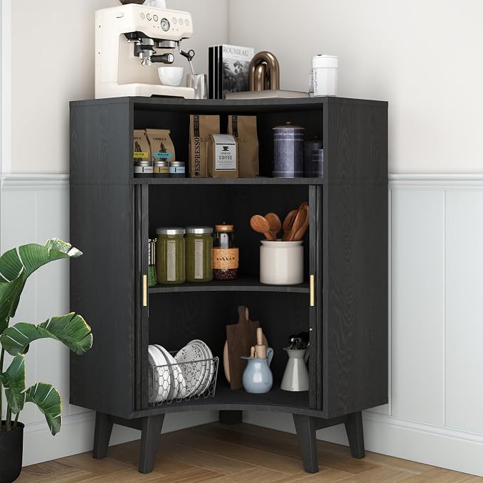 Fluted Corner Cabinet with Open Storage, Modern Floor Cabinets with Sliding - Image 6
