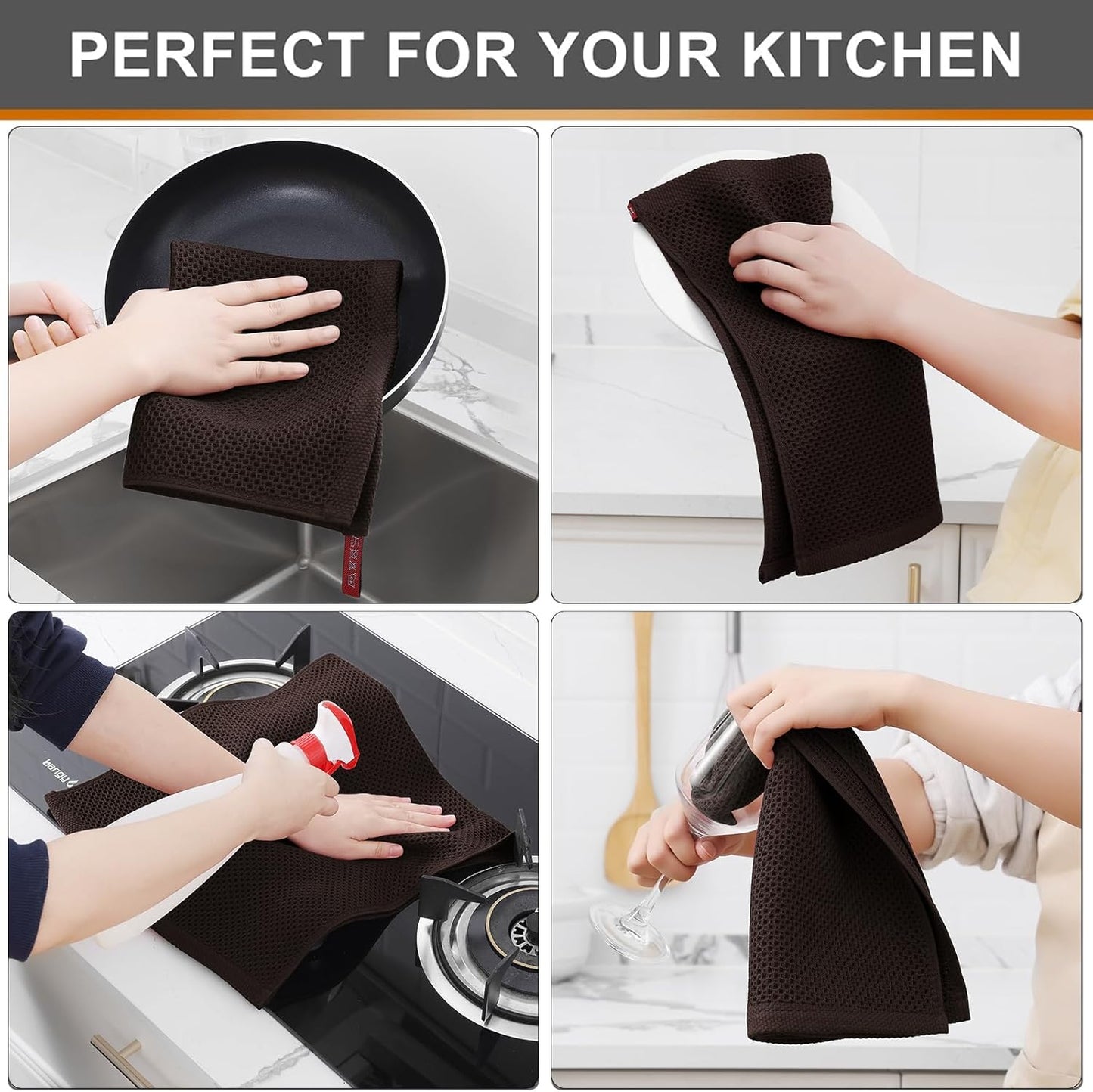Kitinjoy 100% Cotton Waffle Weave Kitchen Towels, 12-Pack Super Soft and Absorbent Dish Towels for Drying Dishes, Kitchen Hand Towels, 13 in x 28 in, Dark Brown