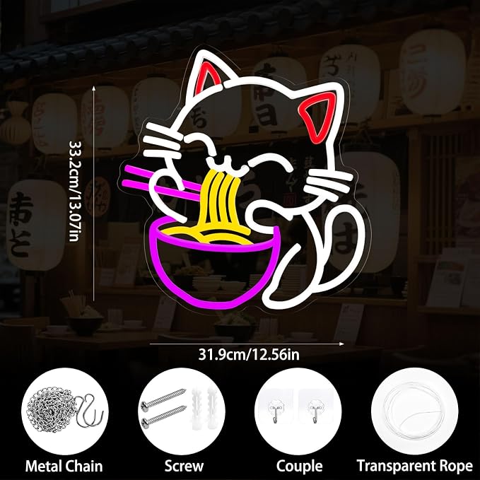 Fortune Cat Ramen Neon Sign for Wall Decor Dimmable Japanese Lucky Cat Noodle - Image 4