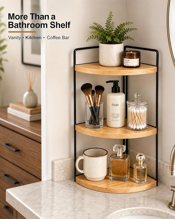 3-Tier Corner Bathroom Countertop Organizer, Solid Pine Wood Vanity Shelf | - Image 6
