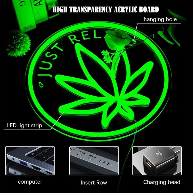 Just Relax Neon Sign Dimmable Green Leaf LED Neon Lights Signs - Image 3