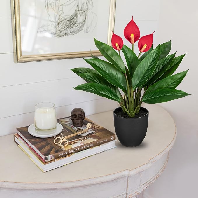 GnFlus 20'' Realistic Red Anthurium Artificial Potted Plant, Fake Flowers - Image 4