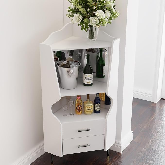 Corner Bar Cabinet with Mirrored Back, Sideboard Cabinet with 2 Open Shelves & - Image 4