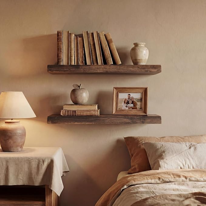 24" Live Edge Floating Shelves, 1.4" Extra Thick Solid Elm Wood Wall Shelf - Image 2