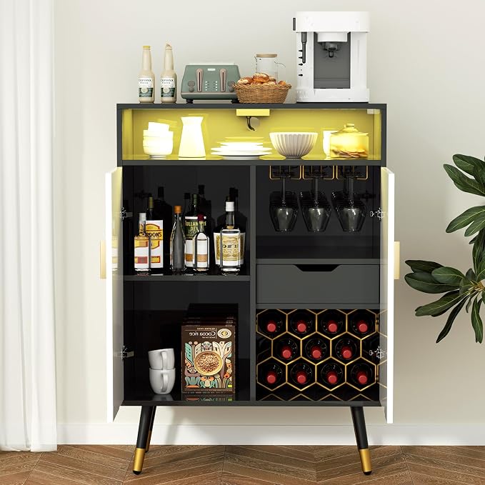 EOYUTLLY Wine Bar Cabinet with Power Outlet & LED Light, Coffee Bar Cabinet - Image 3