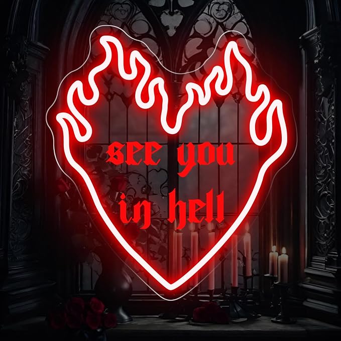 See You In Hell Neon Sign, 13.8" x 13" Red Flame Heart LED Light by DUOLIYBC