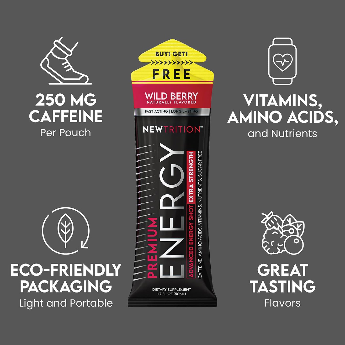 NewTrition® Extra Strength Energy Shots, 250mg Caffeine Energy Shots with Vitamin B & Amino Acids, Sugar-Free Vitamin Energy Shot, 1.7 fl oz (Pack of 24, 4 Flavors-Mixed-1)