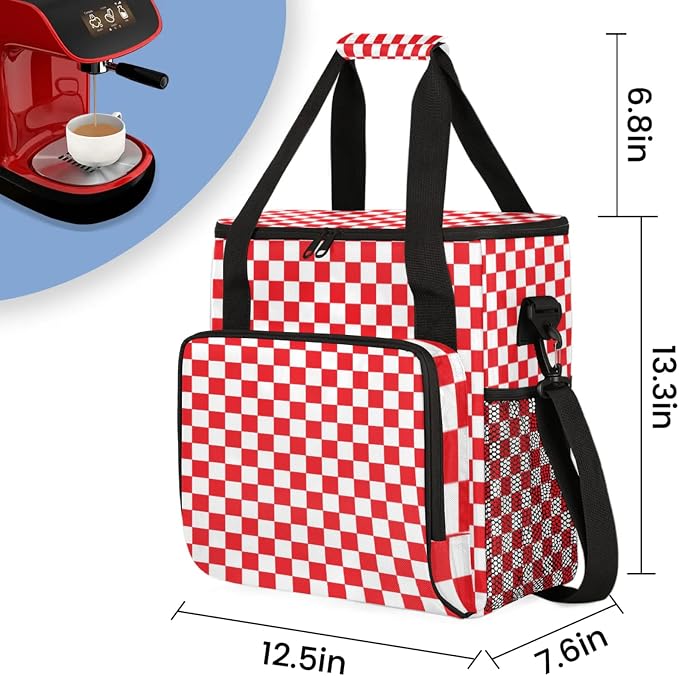 Checkerboard red and white Coffee Maker Carrying Bag, Waterproof Insulated - Image 2