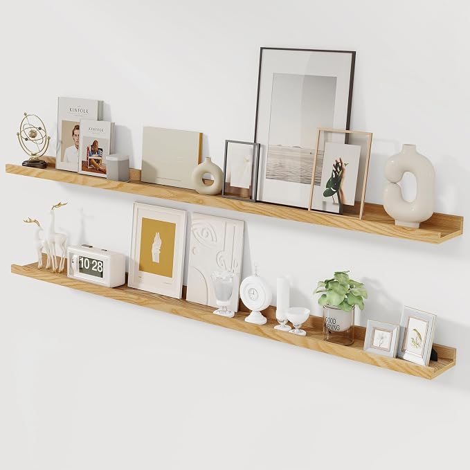 Acovy Solid Ash Wood Picture Ledge Shelf, Floating Shelves Set of 2, 56 Inch by Acovy