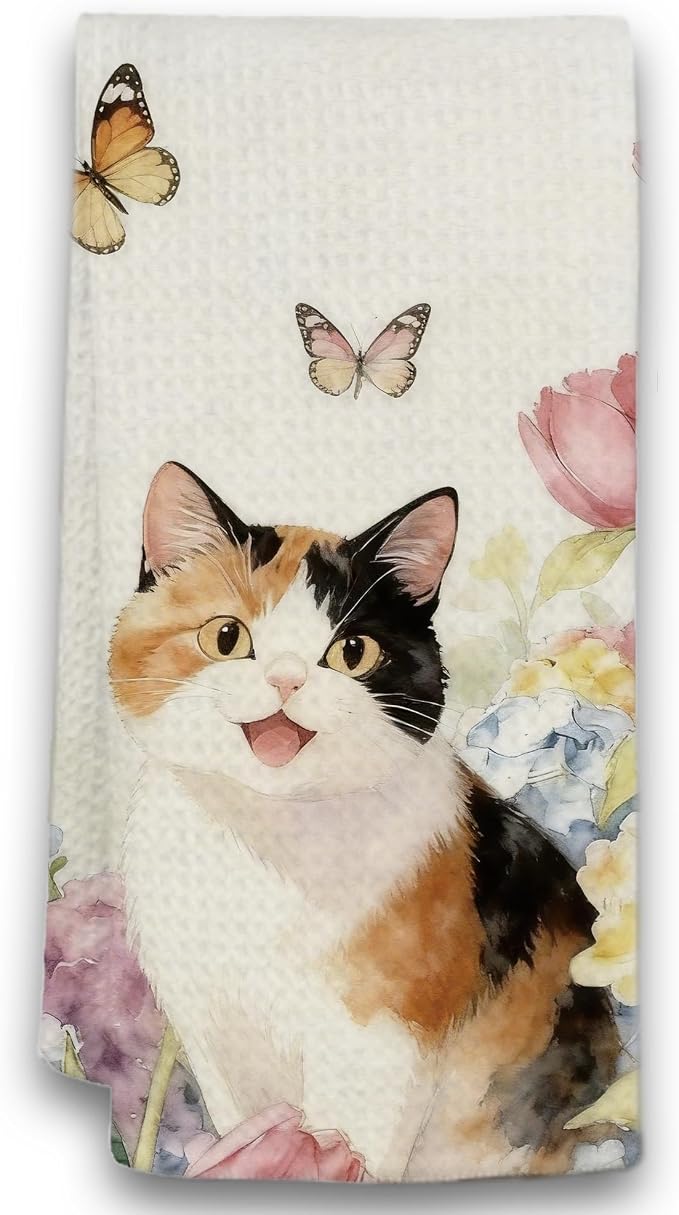 Cute Calico Cat Hand Towel, Hydrangea Cat Decorative Tea Towel by Unknown