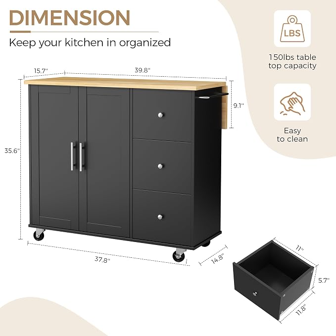 QAQA 40" Kitchen Island Cart Furniture cart on Wheels Rolling Portable Dining - Image 2