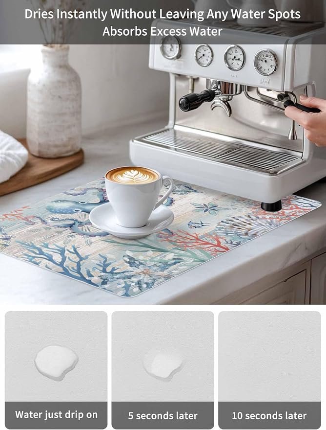 Coastal Octopus Coffee Mat For Countertop Coffee Bar Accessories, Absorbent - Image 8
