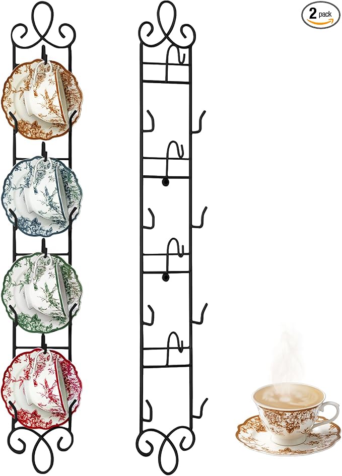Blulu 2 Pcs Wall Mounted Tea Cup & Saucer Display Rack, 4-tier Metal Mug Holder by Blulu