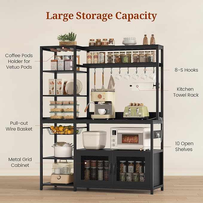 47.2 in Bakers Rack with Power Outlet & LED Light, Coffee Bar with Coffee Pod - Image 5