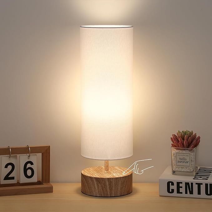 Touch Table Lamp with Metal Base Covered with Wood Grain, 3 Way Dimmable by Seasidevillage