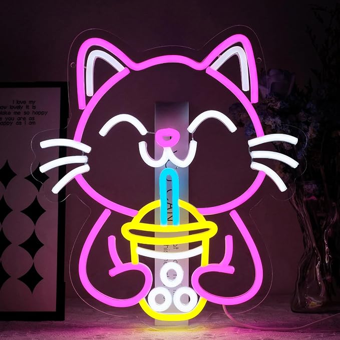 Cat Boba Tea Neon Sign for Wall Decor Dimmable Cute Cat Led Light Signs Bubble by Unknown