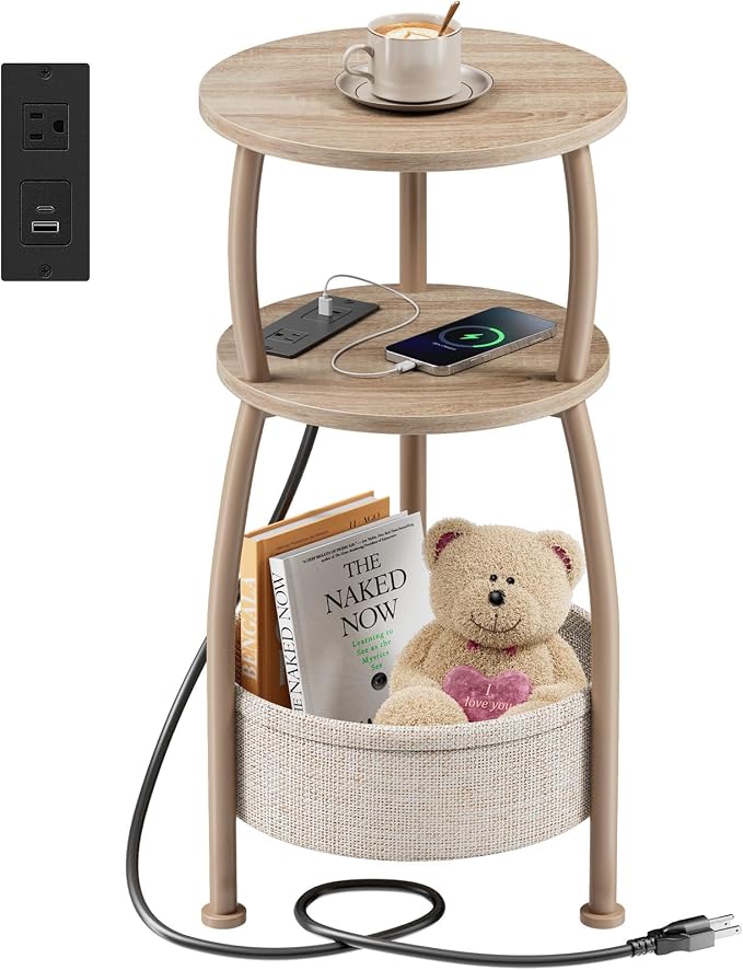 Side Table with Charging Station, Small Round End Table with Basket, USB and by designyourhome