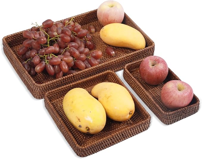 Rattan Tray Set of 3, Rectangular Woven Tray, Wicker Decorative Serving Tray - Image 7