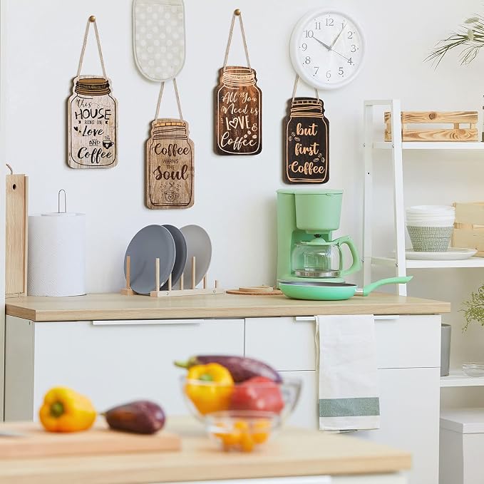 Jetec 4 Pcs Coffee Bar Decor Mason Jar Wood Sign Wall Hanging Plaque But First - Image 6