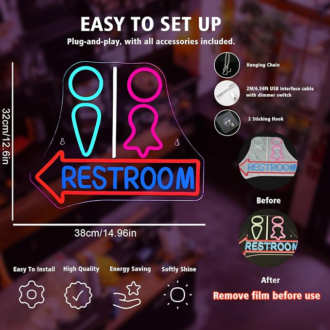 Restroom with Arrow Neon Signs for Wall Decor Dimmable LED Gender Bathroom Sign - Image 6