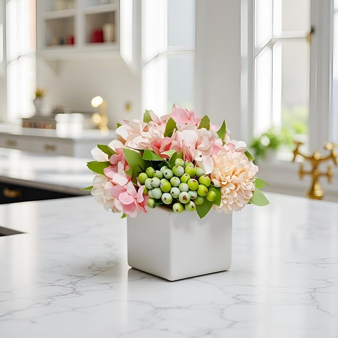 Artificial Flower Arrangement in Ceramic Vase Pink Hydrangea Home Decor | - Image 5