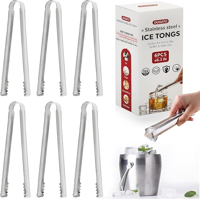 Cocktail Ice Tongs, 6.3 In | Serrated Grip Teeth, Compact Handheld Size by DUGATO