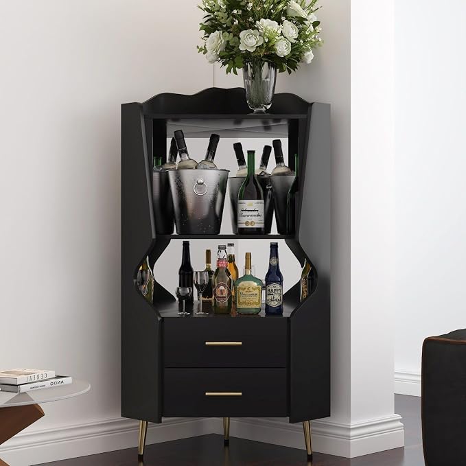 Corner Bar Cabinet with Mirrored Back, Sideboard Cabinet with 2 Open Shelves & - Image 2