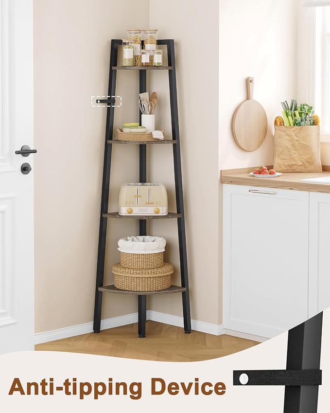 Hoctieon Corner Shelf, 4-Tier Corner Bookshelf, Rustic Ladder Shelf, Industrial - Image 4