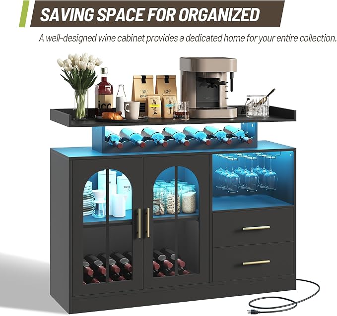 Wine Bar Cabinet with LED Lights & Charging, Modern Liquor Cabinets with 2 - Image 6
