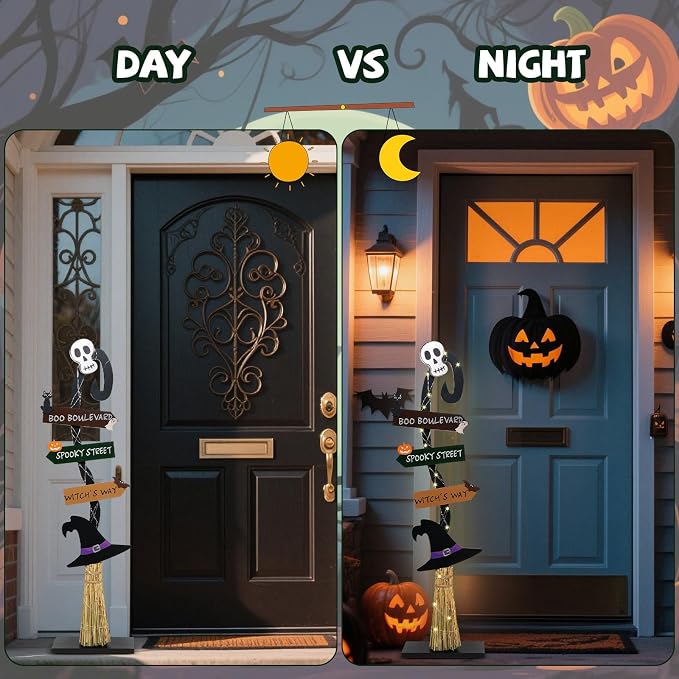 Halloween Decorations |Lighted Witch's Broom Halloween Wooden Porch Sign | - Image 2