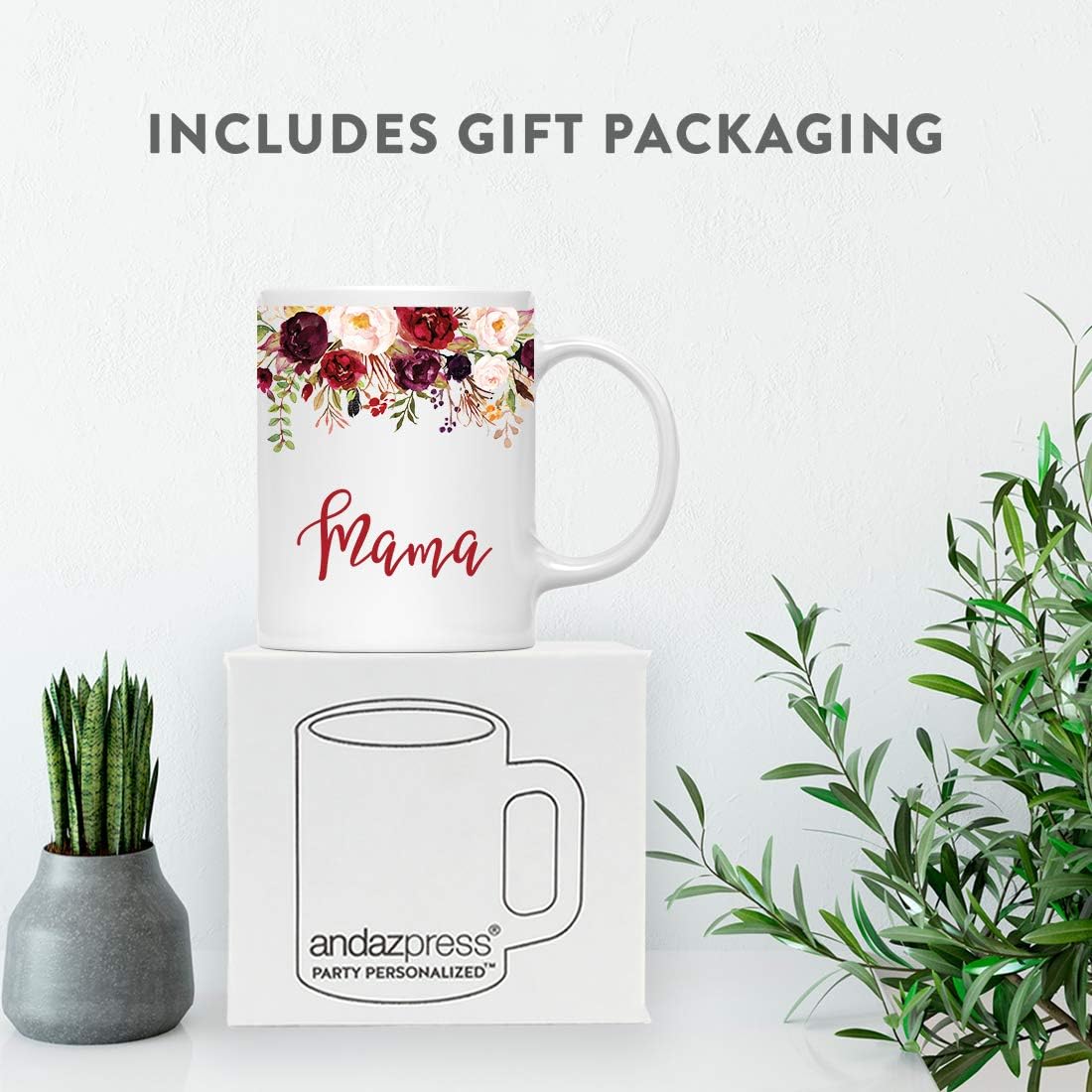 Andaz Press 11oz. Mother's Day Ceramic Coffee Tea Mug Gift, Fall Autumn Marsala Burgundy Flowers Roses Florals, Mama, 1-Pack